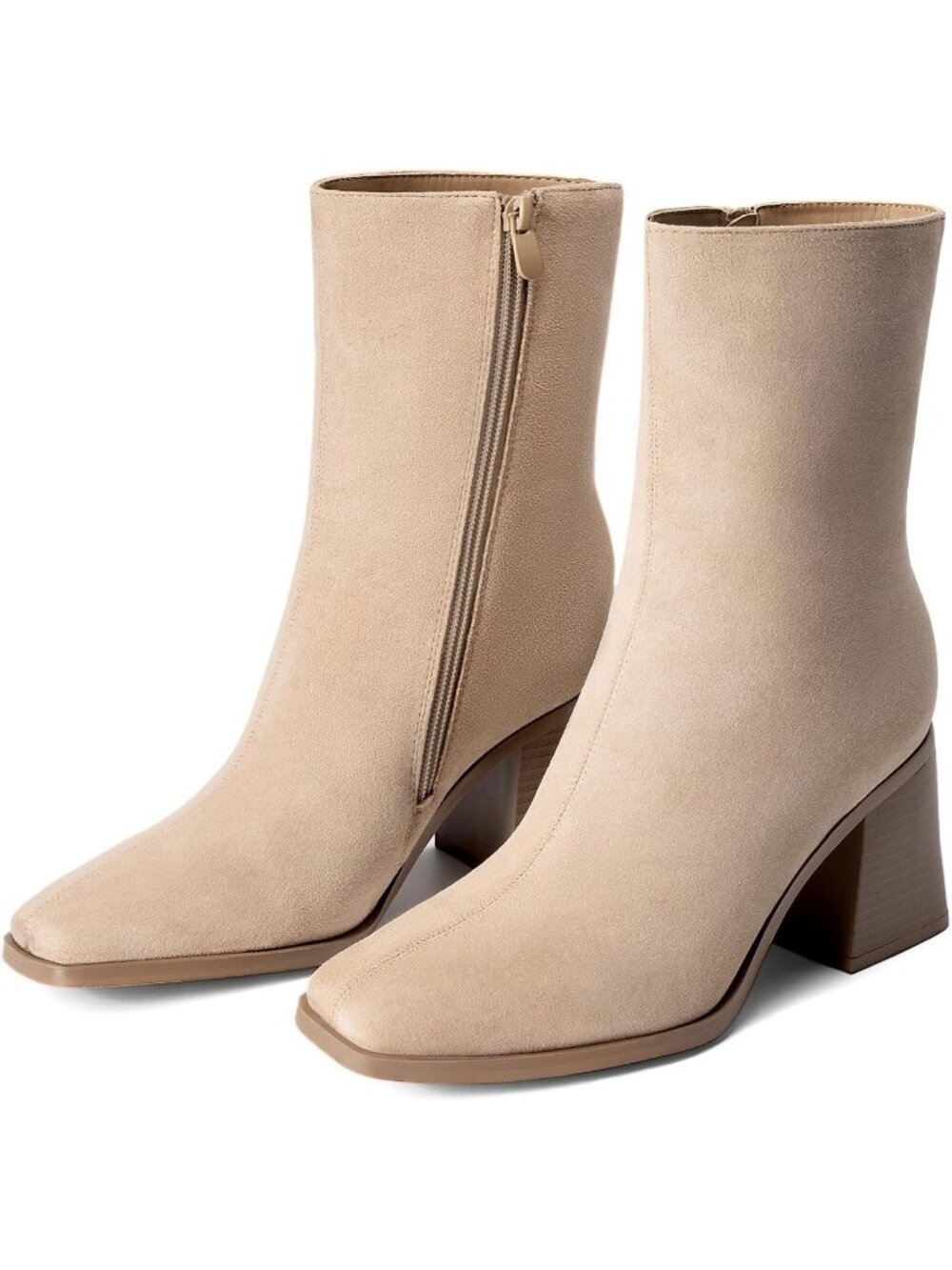 Women's Nude Vintage Faux Leather Side Zipper Square Toe Ankle Block Heel Boots